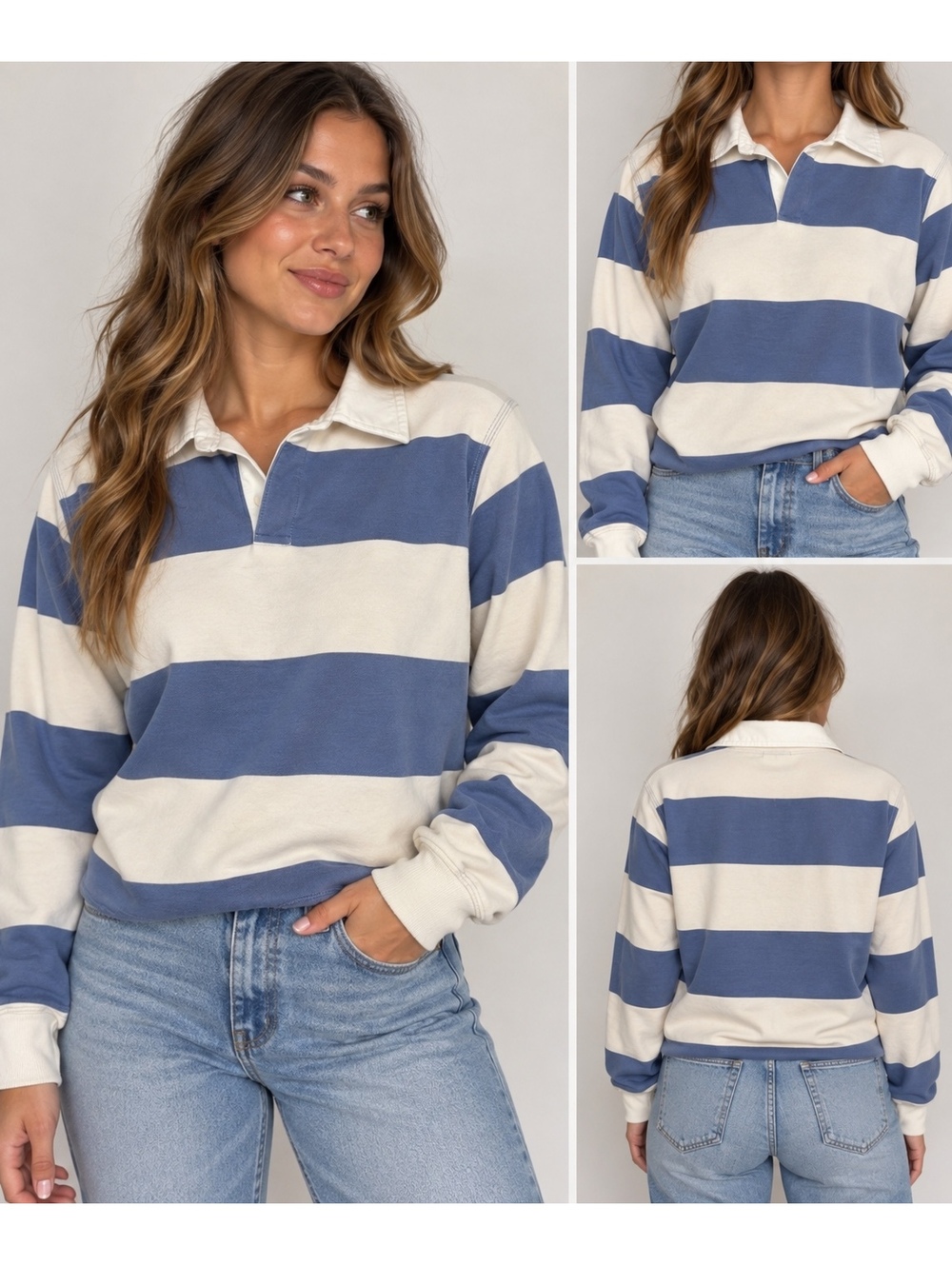 Zara Striped Rugby Shirt Medium Blue White Long Sleeve Polo Preppy NWOT
